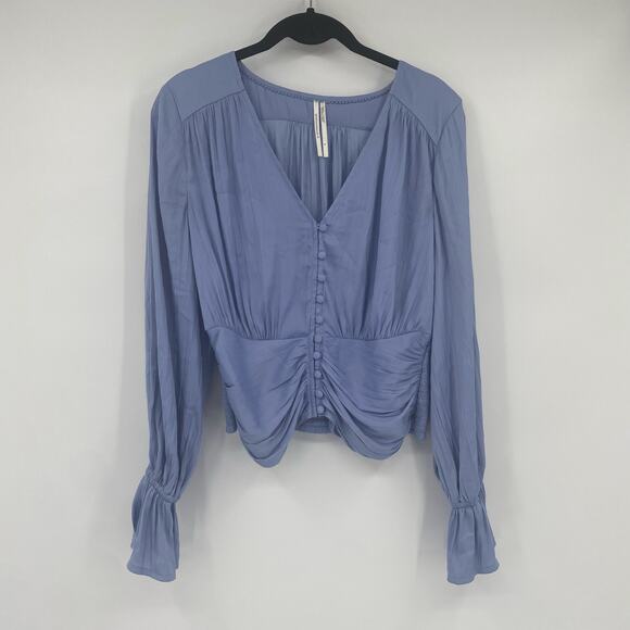 Anthropologie Women's Blue Silky Smocked Poet Sleeve Blouse Top Size Small - Picture 4 of 12